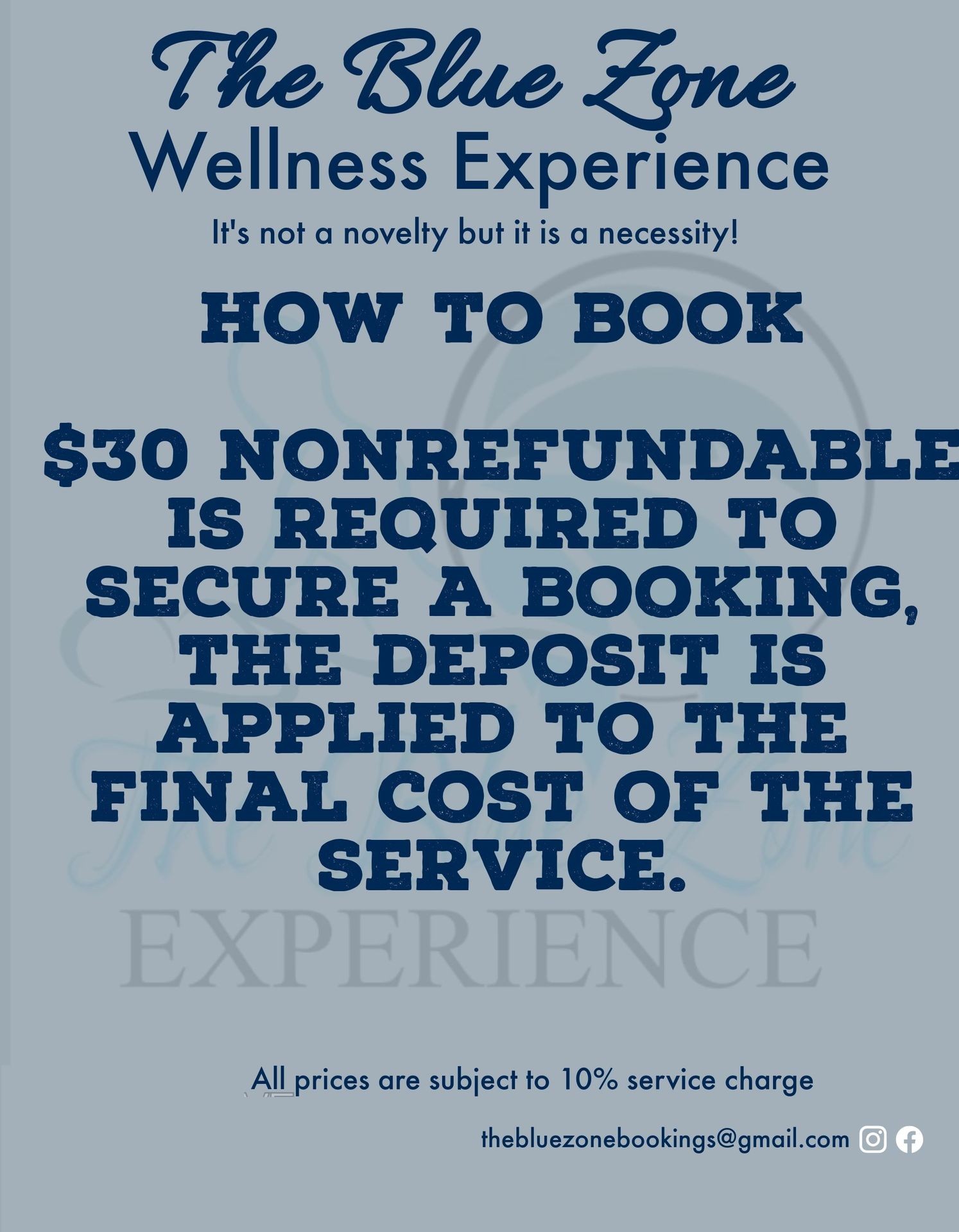 Booking conditions for The Blue Zone Wellness Experience with deposit and service charge details.